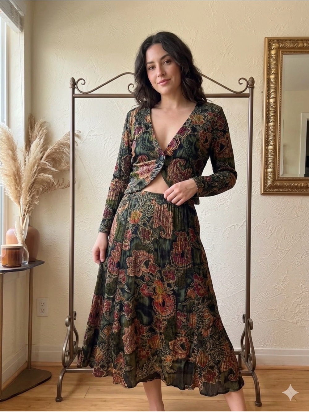 VTG Mirasol 2-Piece Whimsigoth Floral Paisley Maxi Skirt & Crop Cardigan Set L